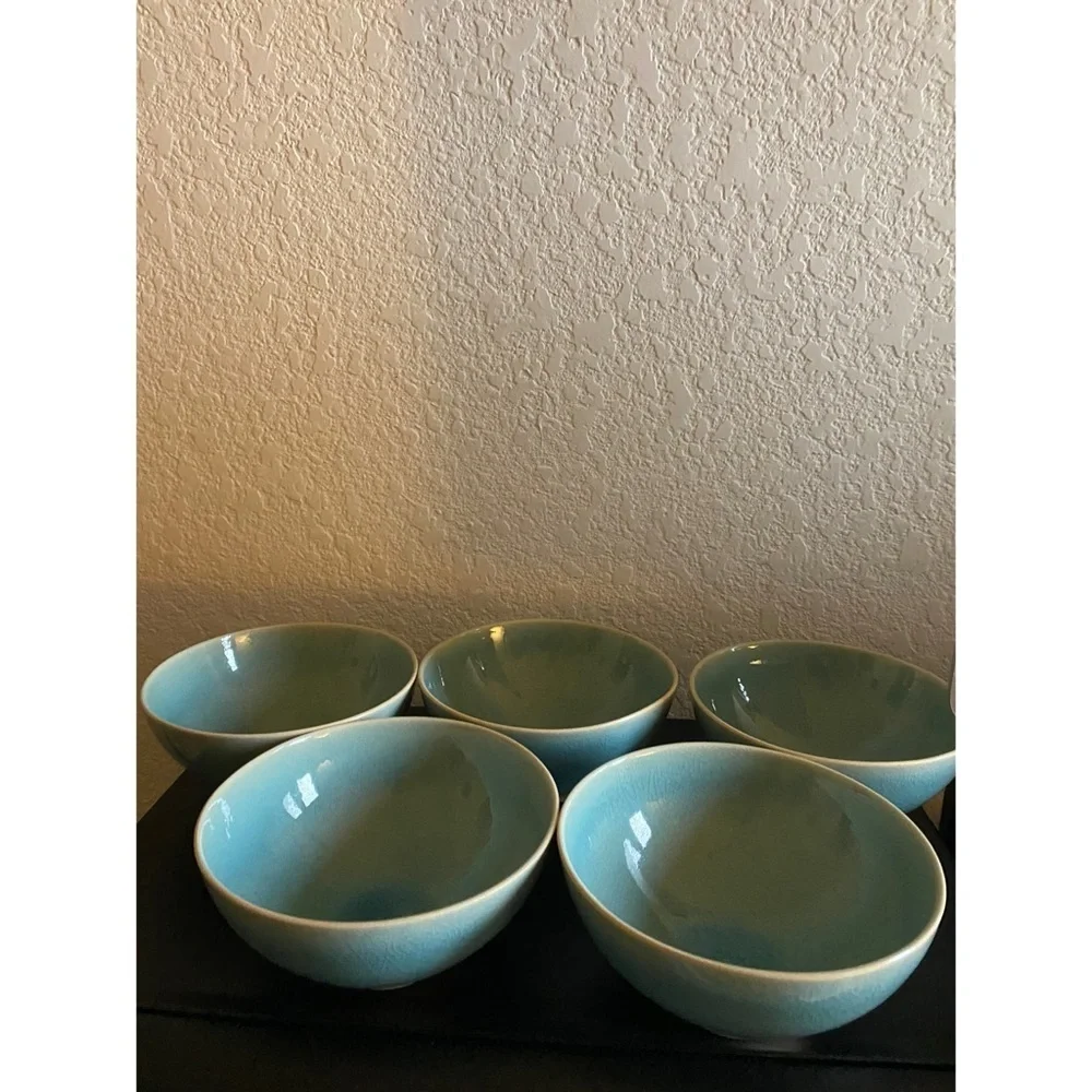 5 West Elm Light Blue Organic Alta Reactive Crackle Finish Soup Cereal Bowls